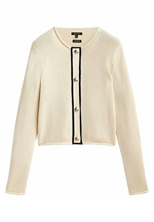 Crèmekleurige gebreide cardigan met lange mouwen, ronde halslijn, vier knopen aan de voorkant en een contrasterende zwarte rand langs de knoopsluiting.