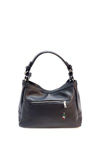 Sac à main en cuir noir avec une finition texturée, un dessus incurvé et une poche zippée à l'avant. Dispose d'une courte sangle adjustable et d'un petit charme.