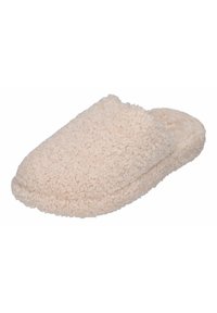 Vezelige beige slipper met een zachte, gestructureerde buitenkant, open achterkant en ronde neus. De binnenvoering is pluche voor comfort.