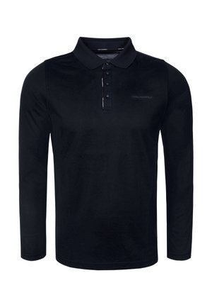 Long-sleeve black polo shirt made of cotton, featuring a buttoned placket, flat collar, and subtle logo details on the chest.
