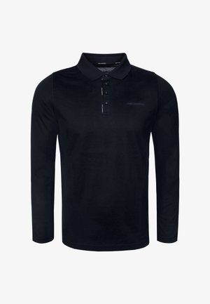 Long-sleeve black polo shirt made of cotton, featuring a buttoned placket, flat collar, and subtle logo details on the chest.