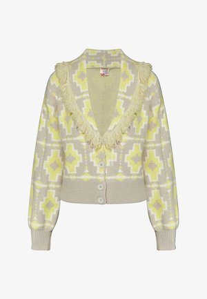 Kootud kardigan beežil taustal, geomeetrilised kollased ja hallid mustrid, V-kujuline kaelus, frantsi detail krae ääres ja viis nööpi.