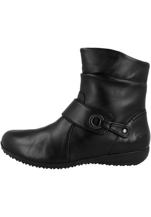 Black leather ankle boots with a folded top, rounded toe, side strap with a circular accent, and textured rubber sole for grip.