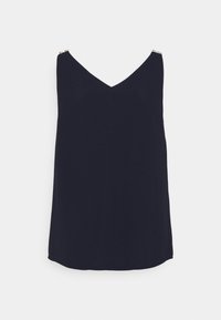 Mörkblå ärmlös topp med V-ringning och subtila guld detaljer vid axlarna; tillverkad av ett slätt, lätt tyg.