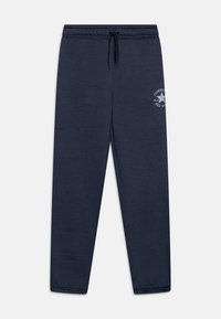 Marineblaue Jogginghosen aus einem weichen Stoff, mit einem elastischen Bund und einem Kordelzug sowie einem gedruckten Logo am linken Oberschenkel.