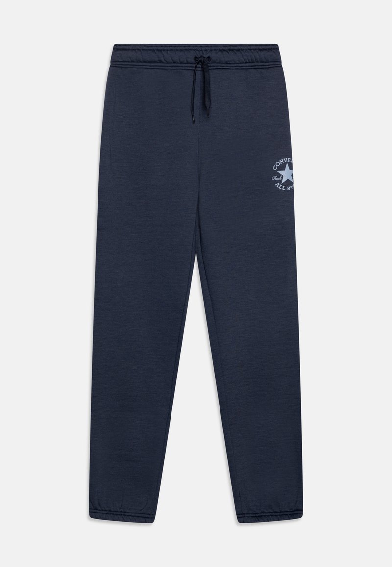 Marineblaue Jogginghosen aus einem weichen Stoff, mit einem elastischen Bund und einem Kordelzug sowie einem gedruckten Logo am linken Oberschenkel.