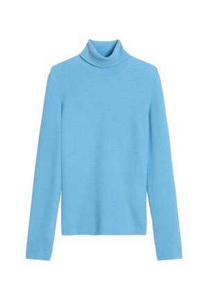 Hellblauer, gerippter Rollkragenpullover mit langen Ärmeln, enganliegender Silhouette und weicher Textur. Keine auffälligen Akzente oder Muster.