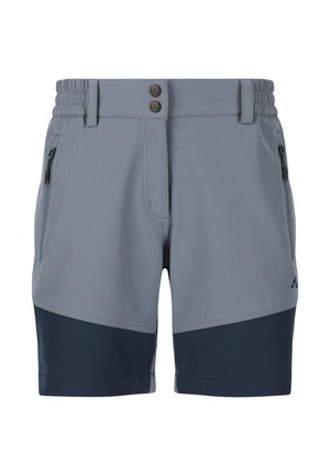 Grå shorts med to sorte knapper, elastisk talje, sidelommer med lynlås og en mørkeblå farvepanel i bunden. Letvægtigt stof, sporty design.