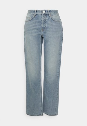 Helleblaue Jeans mit geradem Bein, hoher Taille, Frontknopfverschluss und klassischem Fünf-Taschen-Design. Weicher Stoff mit gewaschenem Finish.