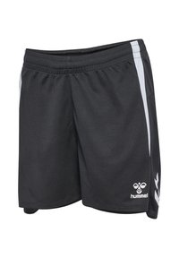 Shorts de sport noirs avec ceinture élastique, bandes blanches sur les côtés et logo Hummel blanc sur la partie inférieure de la jambe gauche.