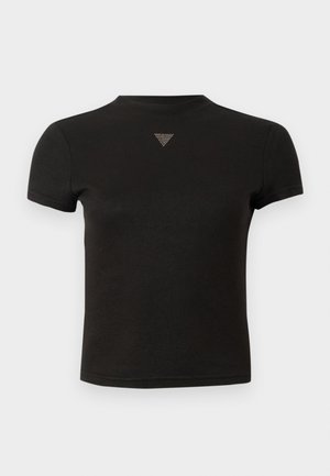 Krátký černý crop top s malým trojúhelníkovým detailním zdobením na přední části blízko výstřihu.