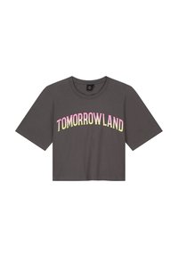 Gray cropped t-shirt with short sleeves and round neckline, featuring "TOMORROWLAND" in gradient pink to yellow lettering across the front.