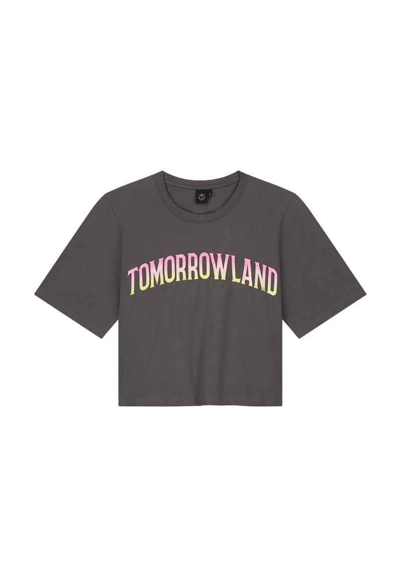 Gray cropped t-shirt with short sleeves and round neckline, featuring "TOMORROWLAND" in gradient pink to yellow lettering across the front.