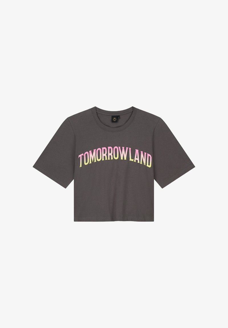 Gray cropped t-shirt with short sleeves and round neckline, featuring "TOMORROWLAND" in gradient pink to yellow lettering across the front.