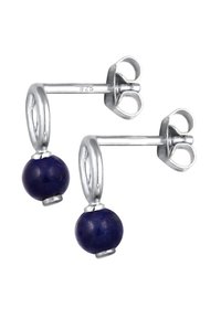 Silberne Creolen mit runden tiefblauen Lapislazuli-Perlen, polierte Oberfläche mit glatter Textur und sicherem Verschluss.