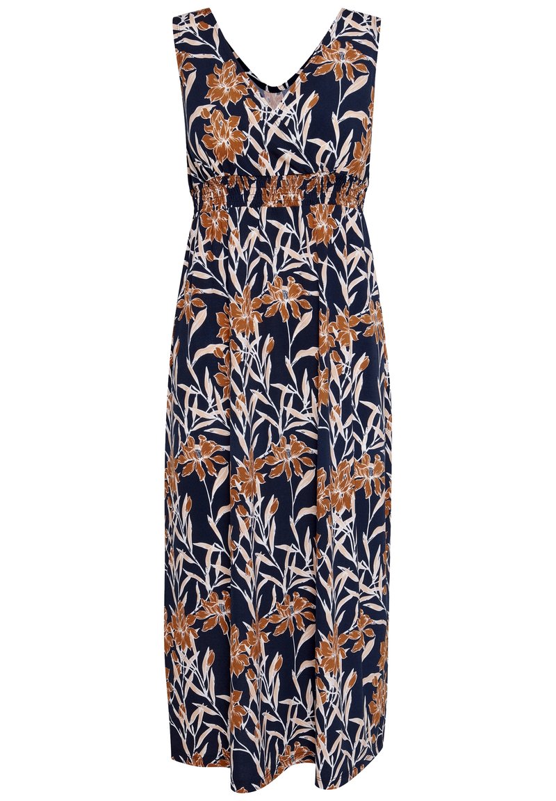 Abito midi blu navy con motivo floreale marrone e bianco, caratterizzato da scollatura a V e vita arricciata per una vestibilità aderente. Realizzato in tessuto leggero.