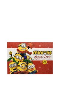 Set regalo di calzini a tema Minions, caratterizzato da colori giallo e viola vivaci, grafiche di cartoni animati e uno sfondo festivo rosso. Contiene 12 paia.