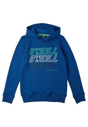 Blå hættetrøje med "O'NEILL" trykt tre gange i grøn, hvid og sort, med "CALIFORNIA USA" i lille tekst under trykket.