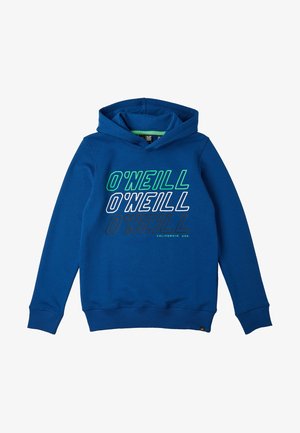 Sweat à capuche bleu avec "O'NEILL" imprimé trois fois en vert, blanc et noir, avec "CALIFORNIA USA" en petit texte sous l'imprimé.