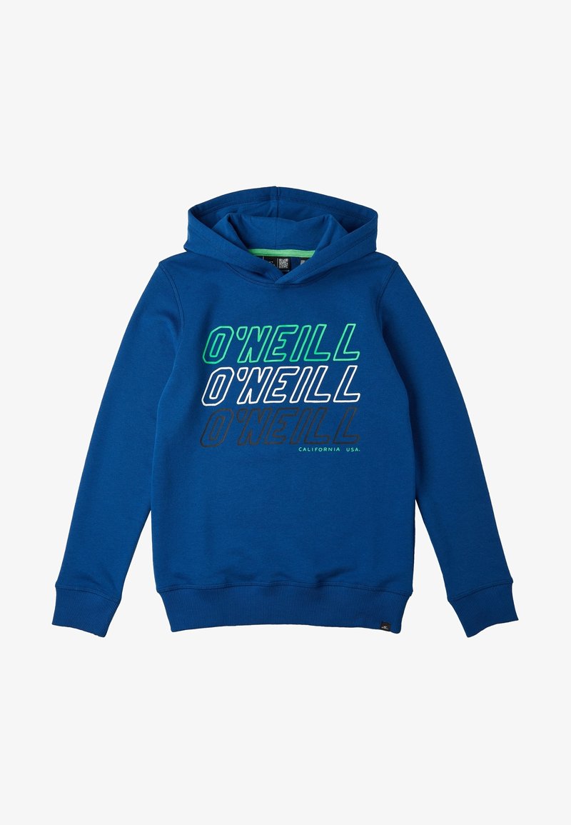 Sweat à capuche bleu avec "O'NEILL" imprimé trois fois en vert, blanc et noir, avec "CALIFORNIA USA" en petit texte sous l'imprimé.