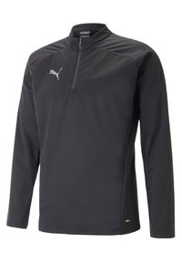 Polo sportivo nero con collo a zip a un quarto, maniche lunghe e una texture leggera. Presenta un piccolo logo grigio sul petto.