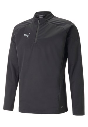 Zwarte sportieve pullover met een kwart-rits halslijn, lange mouwen en een lichte textuur. Heeft een klein grijs logo op de borst.