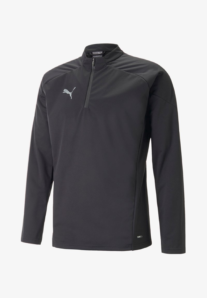 Polo sportivo nero con collo a zip a un quarto, maniche lunghe e una texture leggera. Presenta un piccolo logo grigio sul petto.