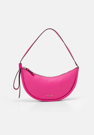 Bright pink leather half-moon shoulder bag with black-edged strap, zipper closure, tassel detail, and small gold "kate spade new york" logo.