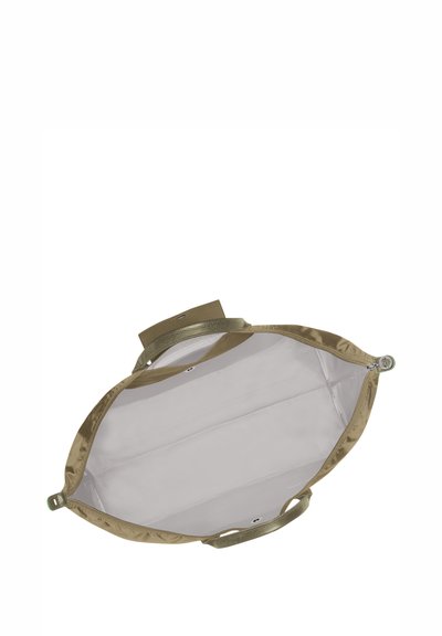 Khaki fabric bag with a glossy finish, zip closure, two handles, and a smooth light-colored interior. Designed with a wide opening and no external pockets.