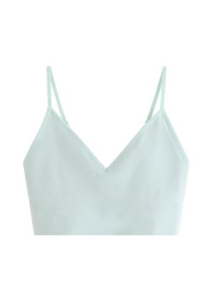 Bralette in tessuto a coste azzurro chiaro con sottili spalline regolabili e una larga banda elastica sotto il seno.