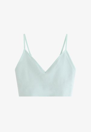 Bralette in tessuto a coste azzurro chiaro con sottili spalline regolabili e una larga banda elastica sotto il seno.