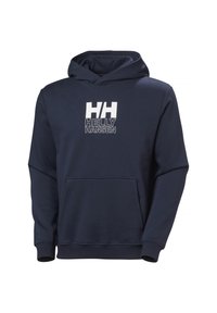 Marineblauwe hoodie van zacht materiaal, met een voorkantzak, ribgebreide manchetten en een wit bedrukt logo op de borst.