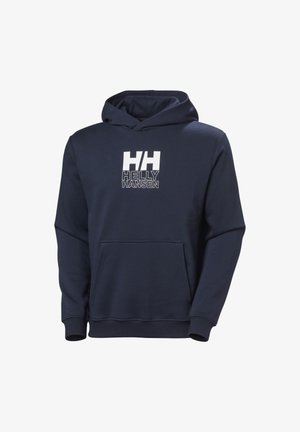Navyblauer Hoodie aus weichem Stoff, mit einer Fronttasche, gerippten Bündchen und einem weißen Drucklogo auf der Brust.