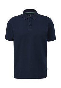 Granatowa bawełniana koszulka polo z krótkim rękawem, z trzema guzikami z przodu oraz zielonym akcentem pod kołnierzykiem. Gładka faktura, klasyczny design.