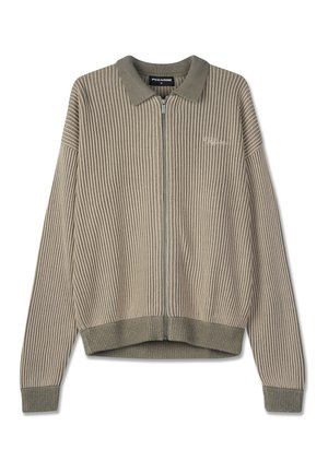 Light green ribbed zip-up jacket with a collared neckline and contrasting cuffs. Features subtle branding on the chest. Textured material.