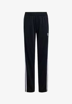 Black athletic pants made from a smooth fabric, featuring an elastic waistband, two side pockets, and white stripes along the sides.