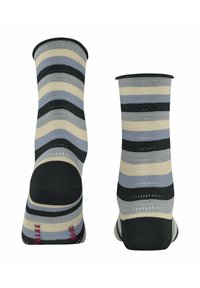 Gestreifte Socken mit einer Mischung aus schwarzen, grauen und beigen horizontalen Linien, verstärkten Fersen- und Zehenbereichen sowie einem Mesh-Gewebe für Atmungsaktivität.