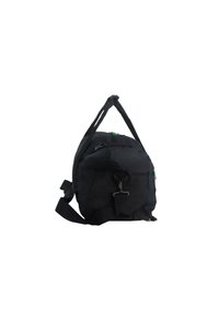 Borsa nera di forma arrotondata, realizzata in materiale resistente. Presenta zip verdi, una tracolla regolabile e clip per il fissaggio.