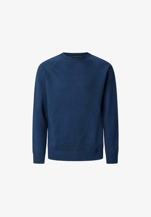 Marineblauw, gebreid sweater met een ronde hals, geribbelde mouwen en onderkant. Heeft een schone, klassieke uitstraling met een soepele textuur en lange mouwen.