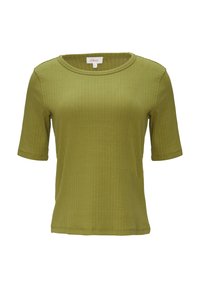 Koszulka z krótkim rękawem, prążkowana w oliwkowym kolorze. Posiada okrągły dekolt i luźny krój. Materiał jest gładki o średniej grubości.