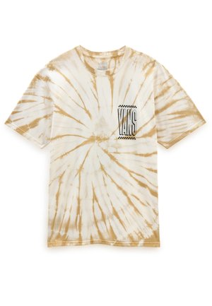 Kortærmet tie-dye t-shirt i creme og lys brun, med spiral mønster og en grafisk frontlomme med "VANS" tekst. 100% bomuldsmateriale.