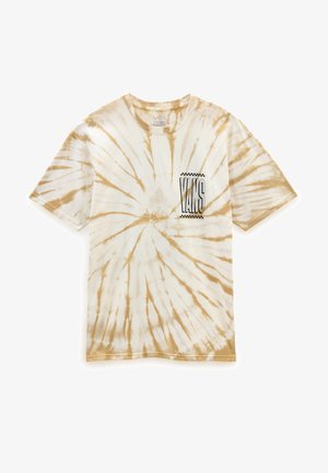 T-shirt à manches courtes en tie-dye crème et marron clair, avec un motif en spirale et un graphique de poche avant portant le texte "VANS". En coton.