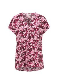 Kortærmet bluse med pink og rød blomsterprint, V-hals og løs pasform.