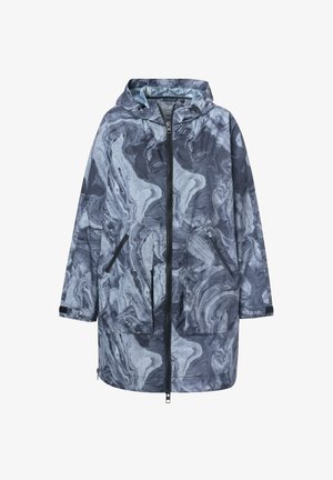 Giacca a vento con cappuccio impermeabile blu e grigio marmorizzato, dotata di zip frontale e tasche laterali con zip, maniche lunghe e polsini regolabili.
