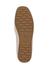 Helle Sneakersohle mit einer strukturierten braunen Gummibasis, die ein Profilmuster und eine geprägte Markenkennzeichnung aufweist, mit der Aufschrift "ECHTES GUMMI".