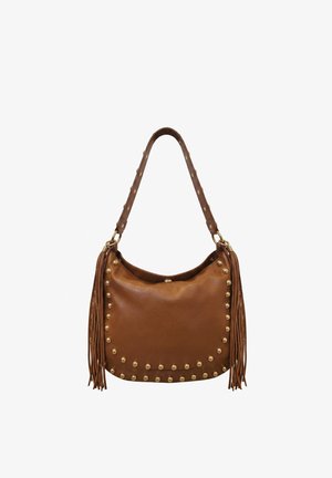 Sac à bandoulière en cuir marron avec des clous dorés dessinant les contours à l'avant et de longues franges pendantes de chaque côté.