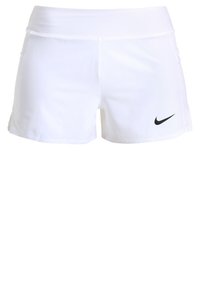 Vitaidande shorts i vitt med hög midja, gjorda av flexibelt material, med en svart Nike-logga på nedre vänstra sidan och subtila sidofickor.