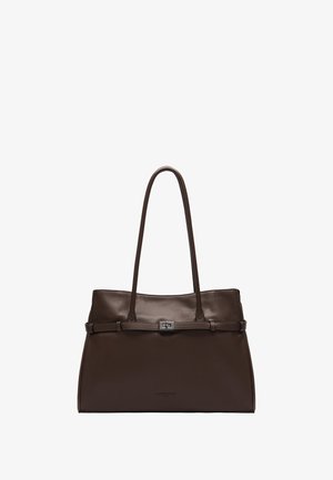 Dark brown leather tote bag with slim double handles and a silver-tone rectangular buckle detail on the front strap.
