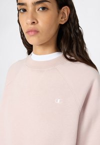 Lichtroze sweatshirt met wit logo, ronde hals en raglanmouwen. Zachte textuur en minimale stikseldetails zorgen voor een subtiel ontwerp.