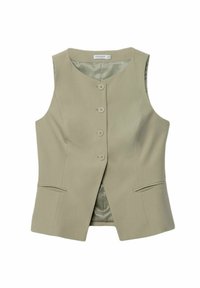 Helle beige ärmellose Weste mit V-Ausschnitt, fünf Knöpfen vorne und zwei Seitentaschen. Glattes Gewebe mit strukturiertem Schnitt.